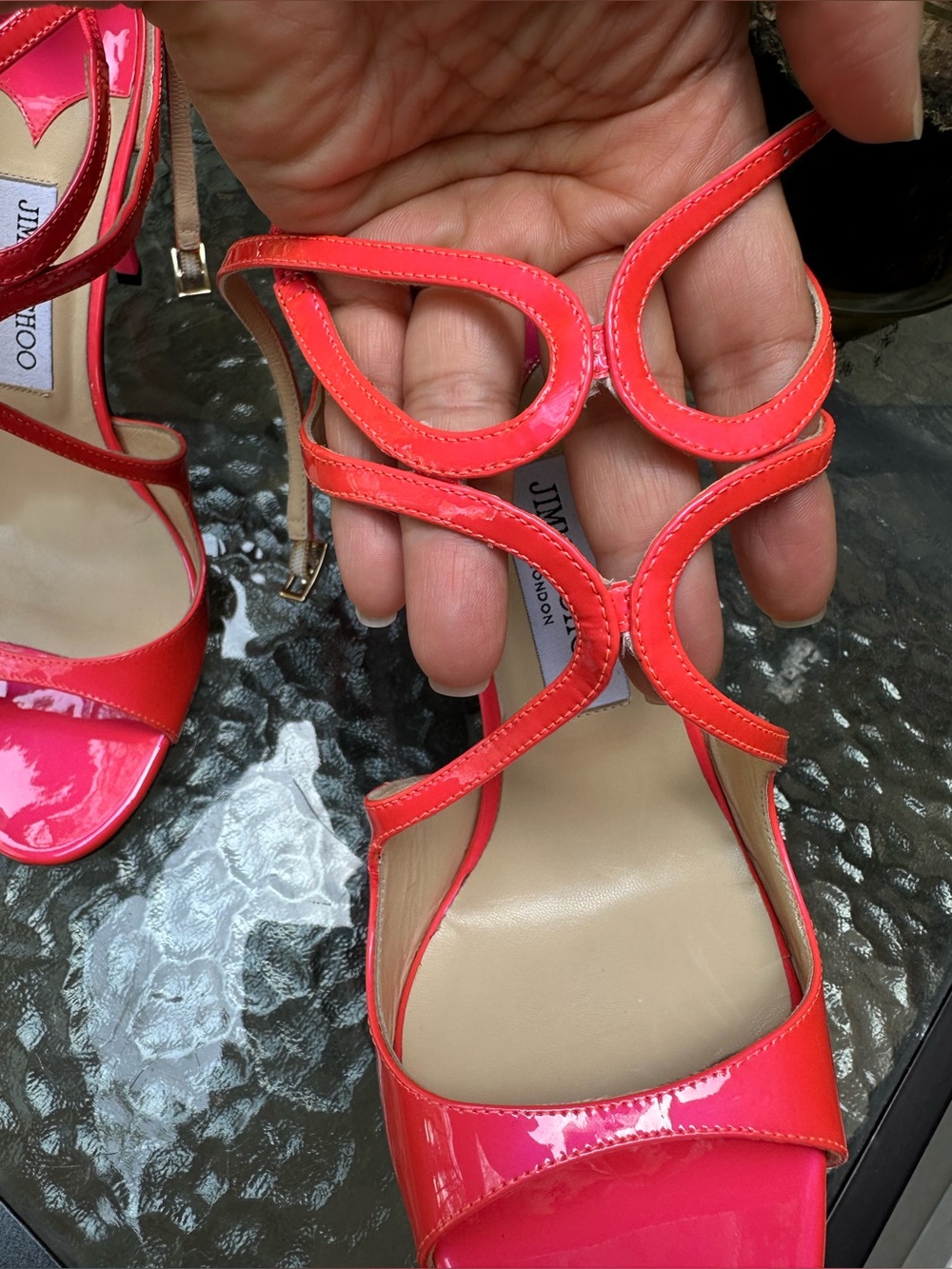 Jimmy Choo Lance Neon Pink Patent Leather Strappy Sandals - Picture 6 of 16
